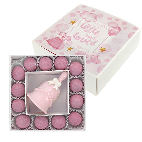 Campanella rosa in porcellana con box e confetti, completa di confezionamento