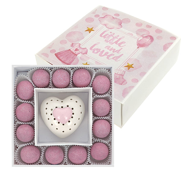 Cuore rosa traforato in porcellana con box e confetti, completa di confezionamento