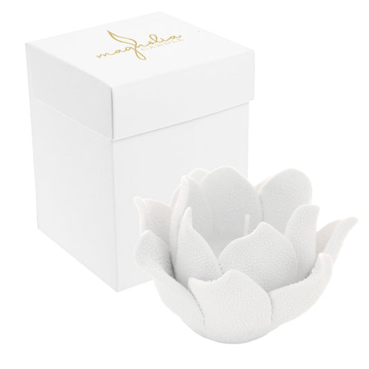 Bomboniera candela magnolia gocce di rugiada bianca