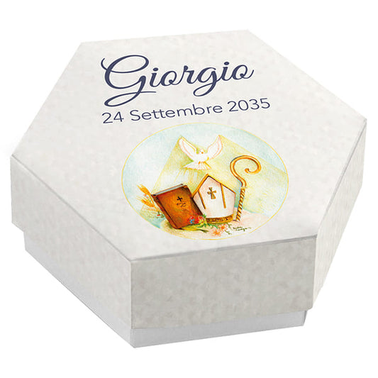 Set 20 astucci esagonale cresima personalizzati completi di confetti