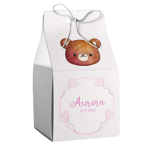 Set 20 astucci cubo personalizzati orsetto con palloncini rosa