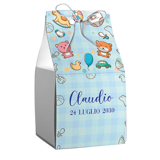 Set da 20 astucci cubo personalizzati quadretti cielo completi di confetti
