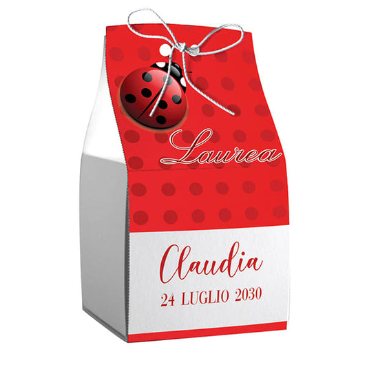 Prezzi ingrosso set 20 astucci cubo personalizzati laurea con coccinella completi