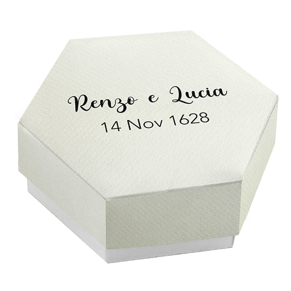 Set da 20 astucci esagonali personalizzati bianco completi di confetti