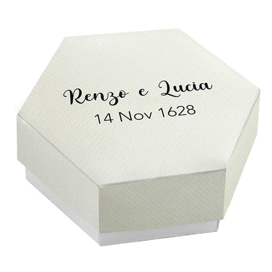 Set da 20 astucci esagonali personalizzati bianco completi di confetti