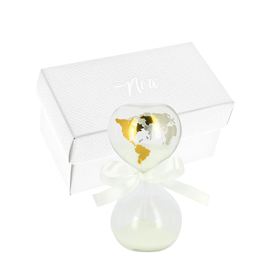 Bomboniera clessidra piccola world oro con sabbia bianca