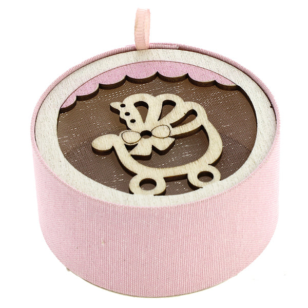 Bomboniera box tondo rosa con carrozzina