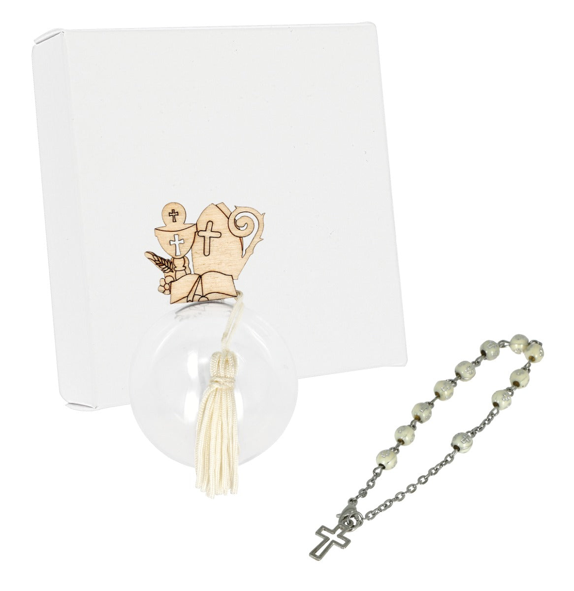 Bomboniera porta rosario in plex con applicazione comunione e cresima in legno