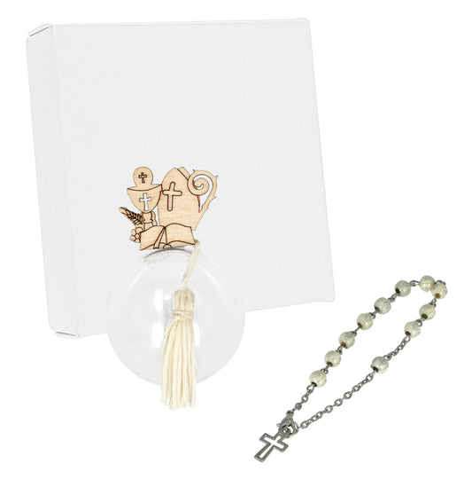 Bomboniera porta rosario in plex con applicazione comunione e cresima in legno