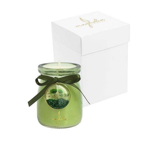 Bomboniera candela verde con ciondolo fiori