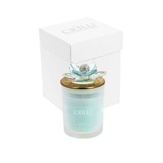 Bomboniera Crilù candela acqua marina gold con fiore