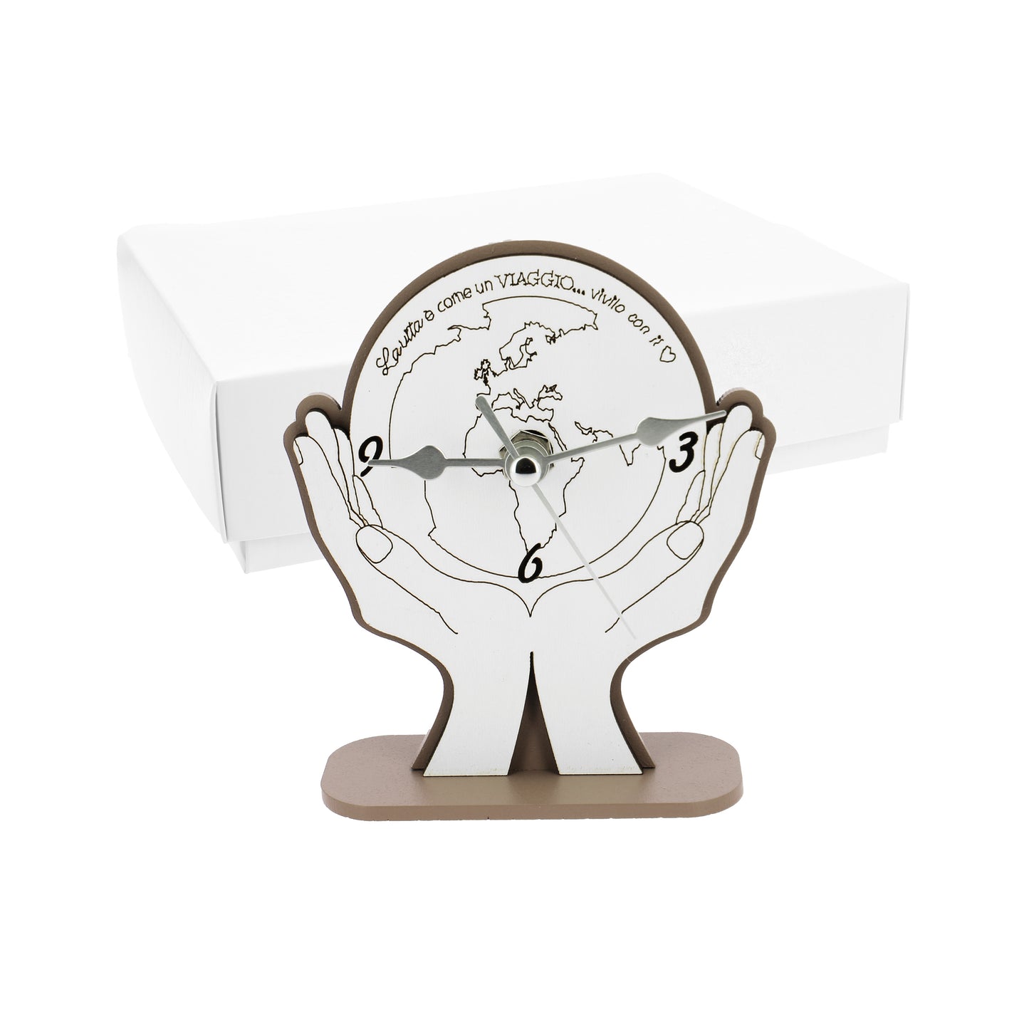 Bomboniera orologio mani mondo tortora