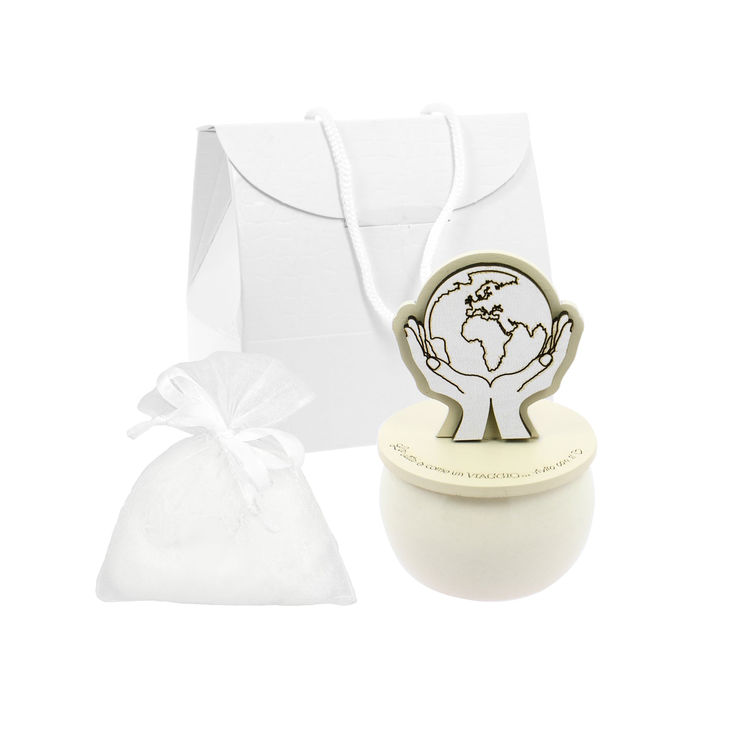 Bomboniera candelina mani mondo sabbia