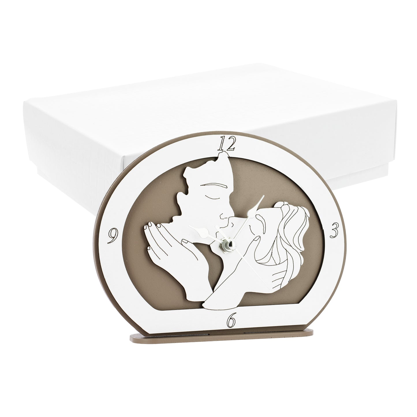 Bomboniera orologio arco tortora con coppia bacio