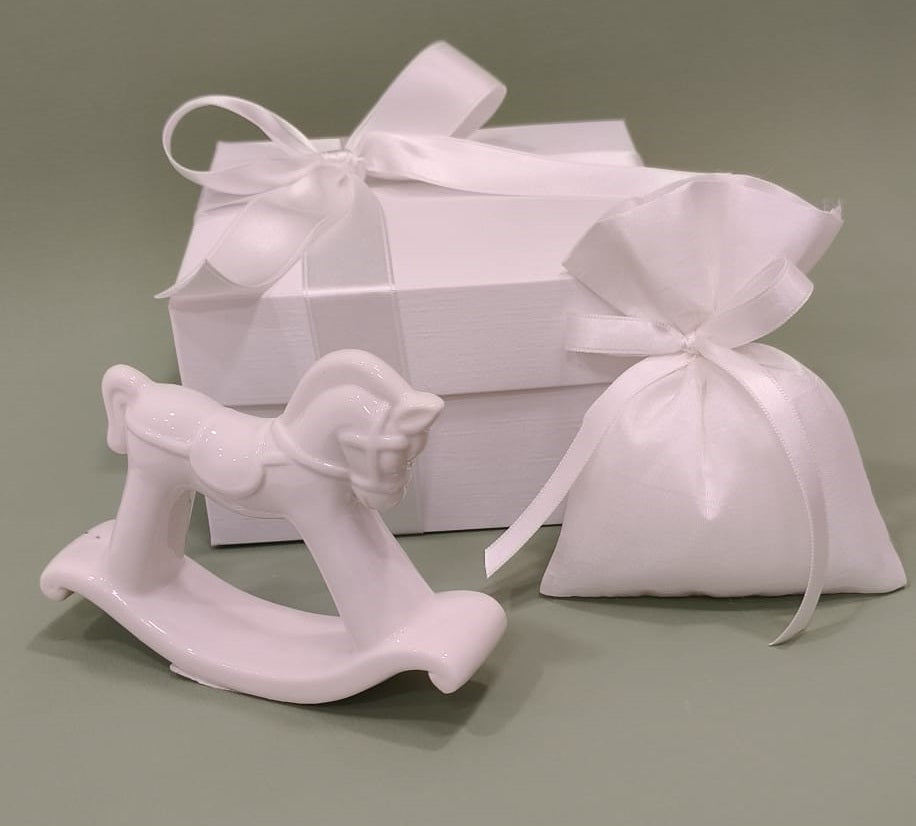 Set 5 bomboniera porcellana cavallo a dondolo bianco completa di confezionamento