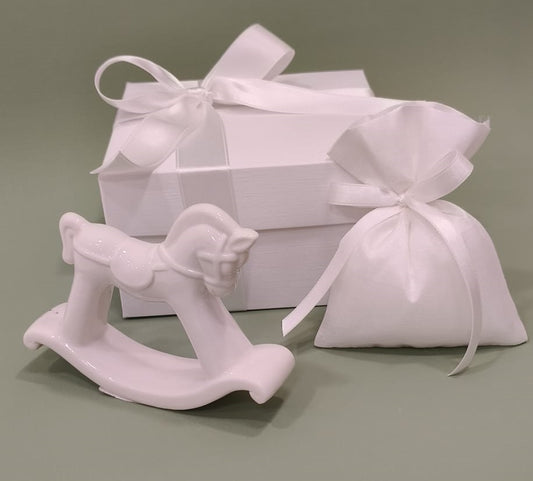 Set 5 bomboniera porcellana cavallo a dondolo bianco completa di confezionamento