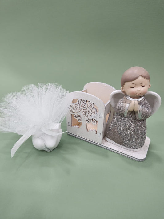 Set 6 angelo in preghiera con porta nuvoletta in tulle e 5 confetti