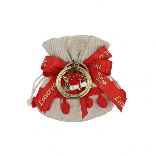 Sacchetto laurea busta rettangolare juta pon pon rosso con applicazione in zama