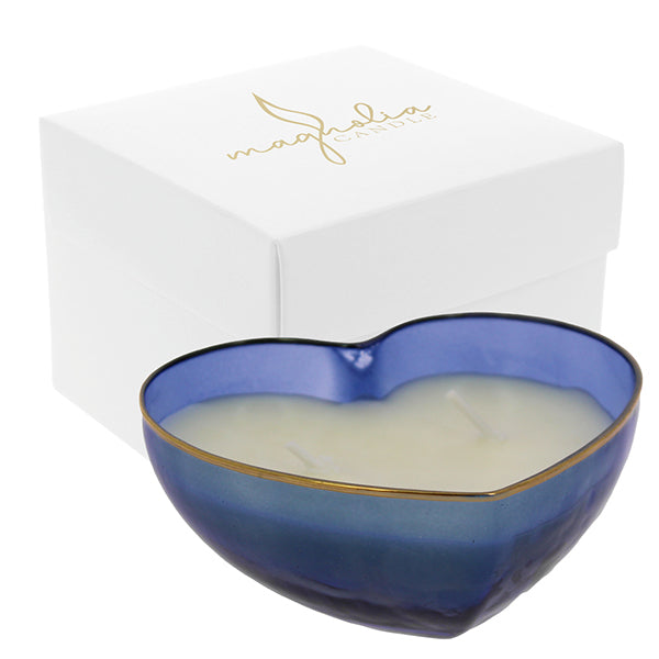 Bomboniera Magnolia candle cuore piccolo blu con bordo oro