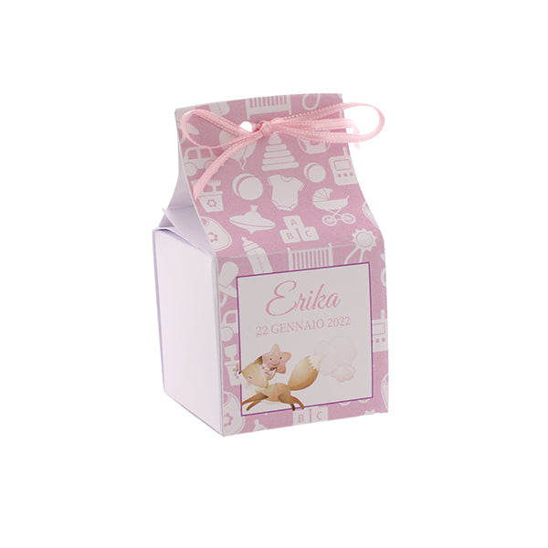 Set 20 astucci cubo personalizzati soggetti baby rosa completi di confetti