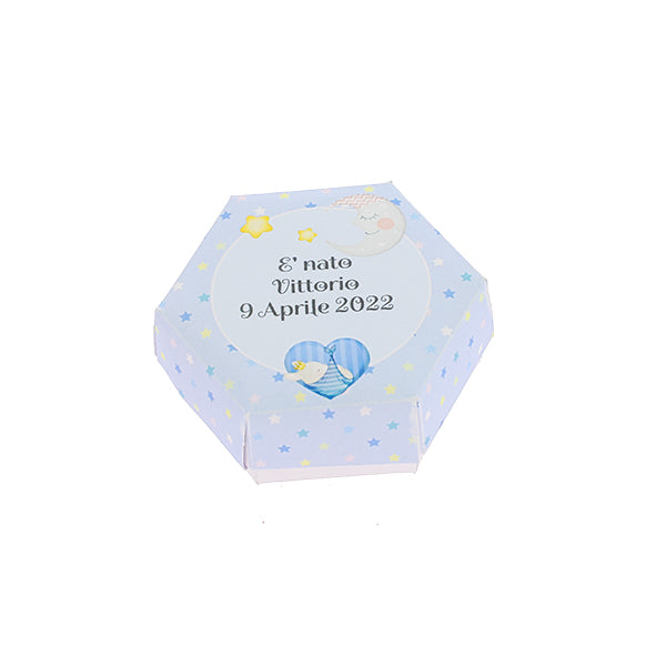 Set 20 astucci esagonale personalizzati cielo con elefantino completi di confetti