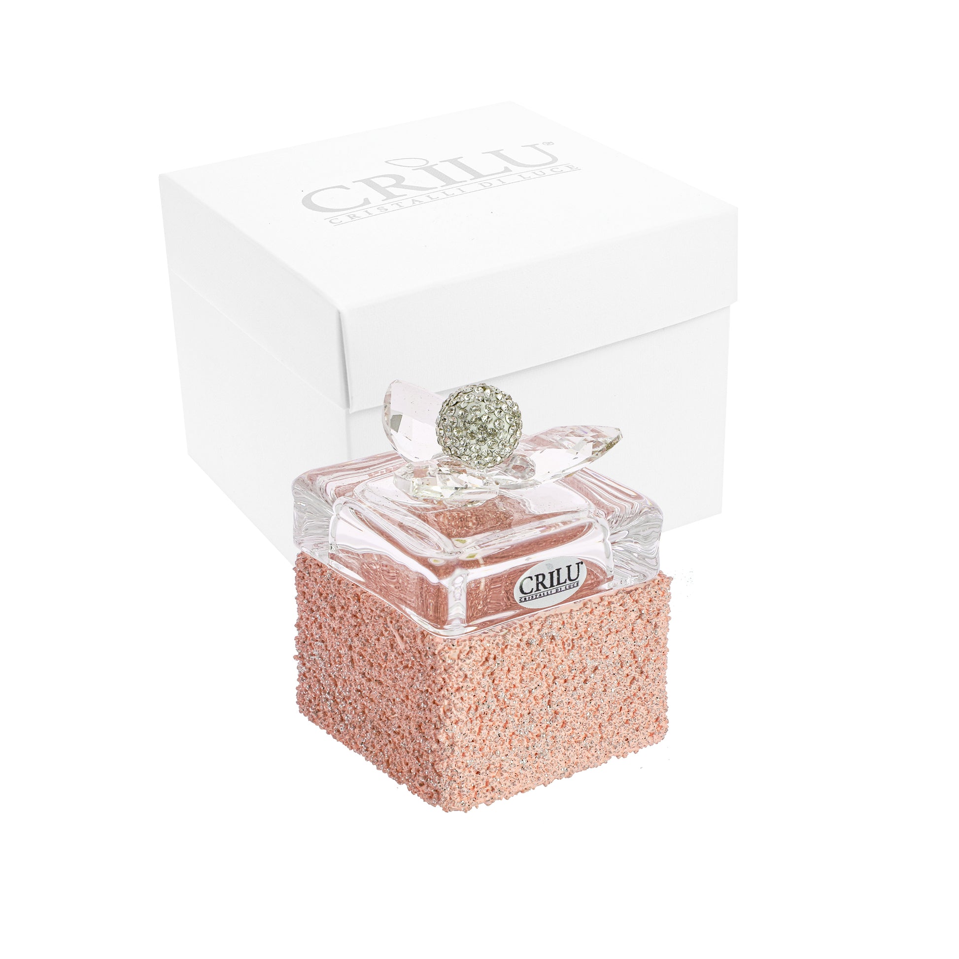 Bomboniera Crilù scatola cubo glitter rosa con petali swarovski