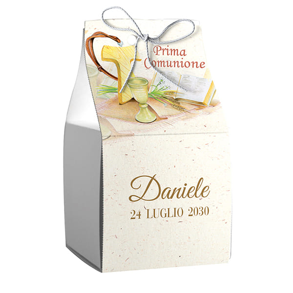 Set da 20 astucci cubo personalizzati comunione con calice e tao completi di confetti