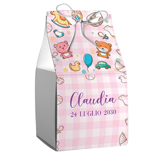 Set da 20 astucci cubo personalizzati quadretti rosa completi di confetti