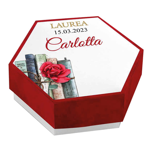 Set 20 astuccio esagonale personalizzati laurea con libri e rosa completi di confetti