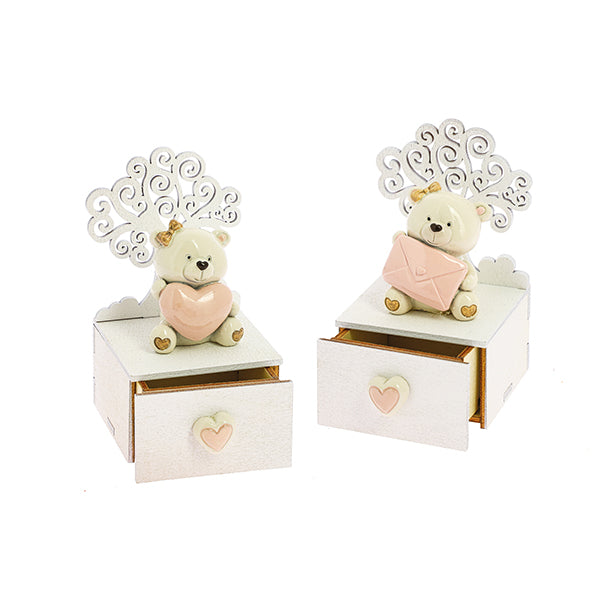 Bomboniera box legno con orsetto rosa e albero della vita