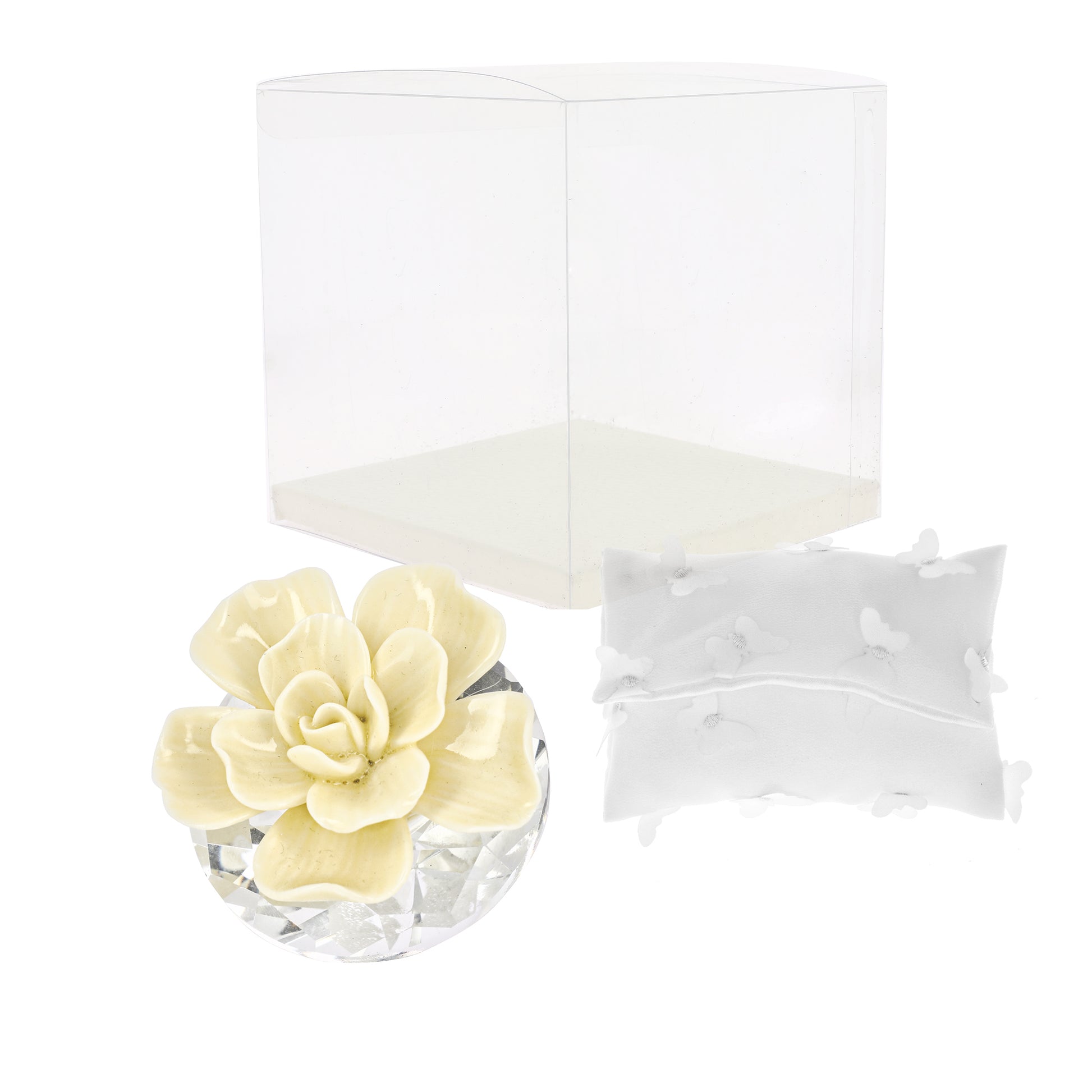 Bomboniera diamante con magnolia crema