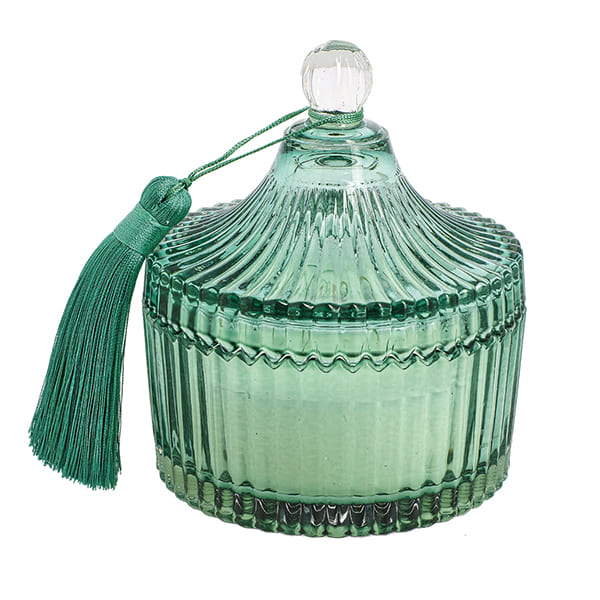 Bomboniera candela grande vetro rigato verde con nappa