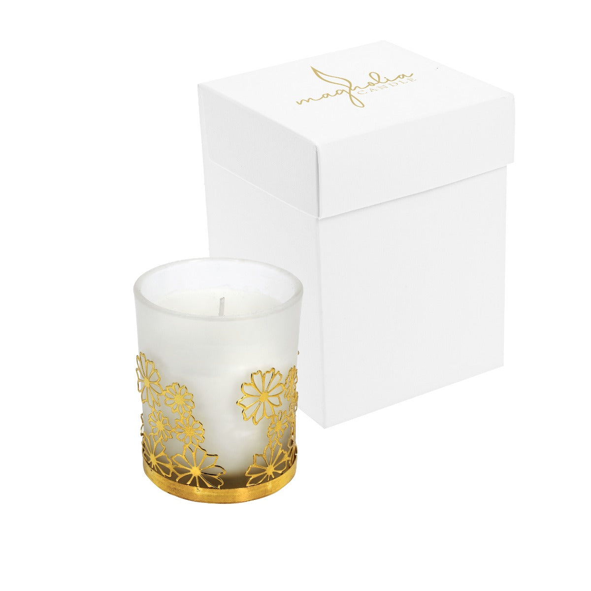 Bomboniera Magnolia Candle candela bianca con margherite traforate gold