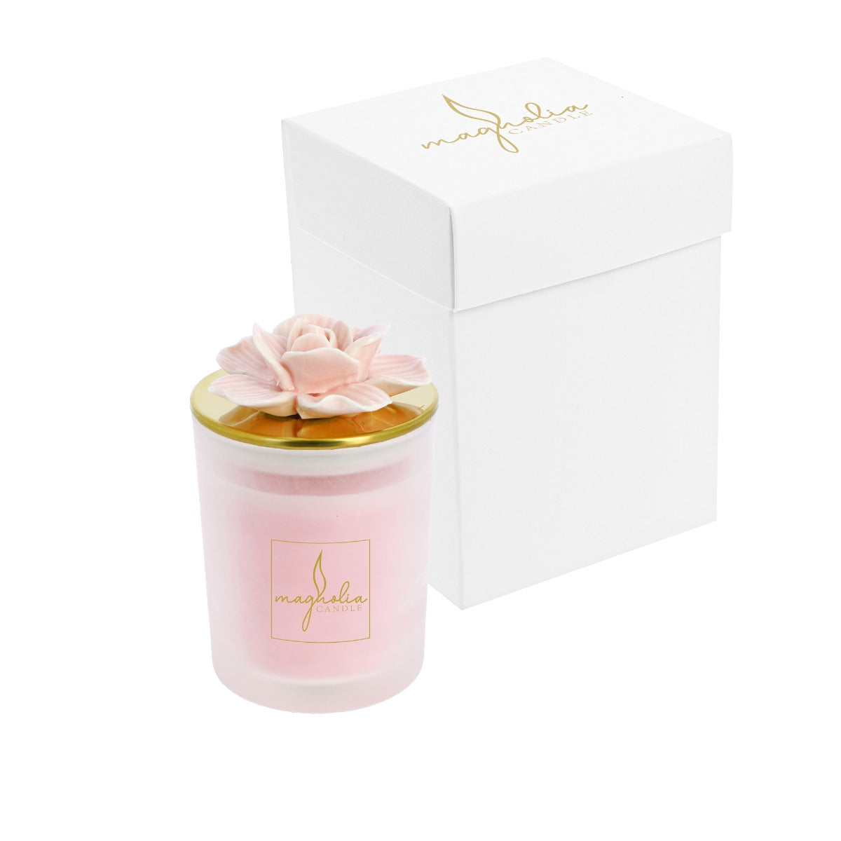 Bomboniera Magnolia candle con tappo oro e magnolia rosa