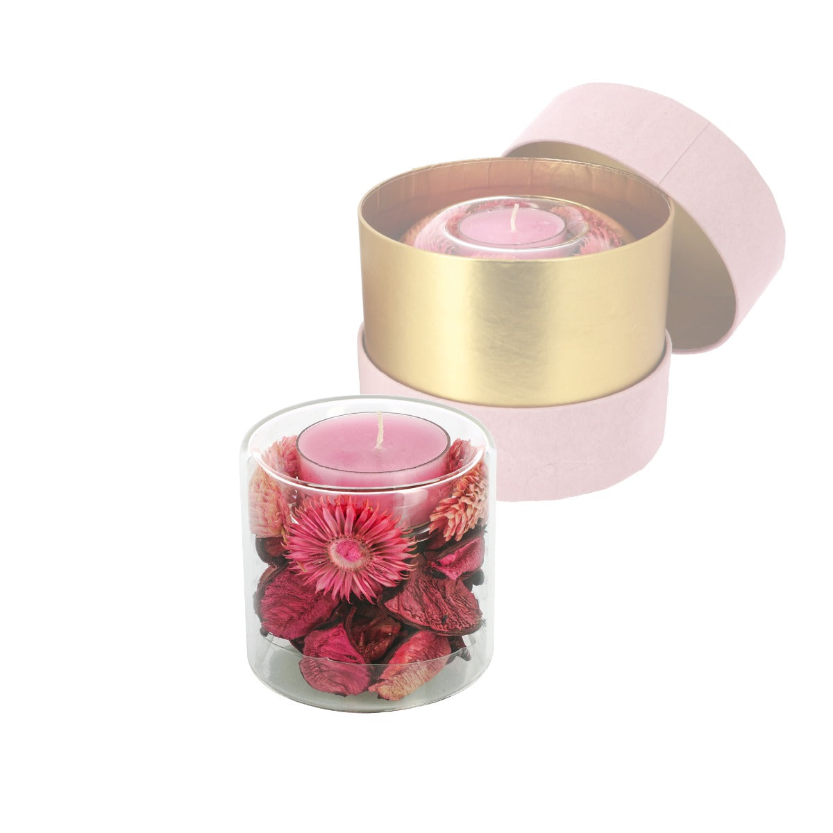 Bomboniera candela cilindro rosa con pot-pourri 