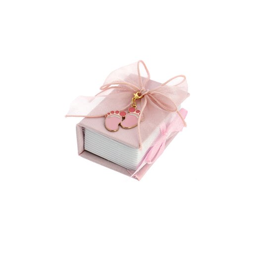 Libro portaconfetti con fiocco rosa e ciondolo piedini