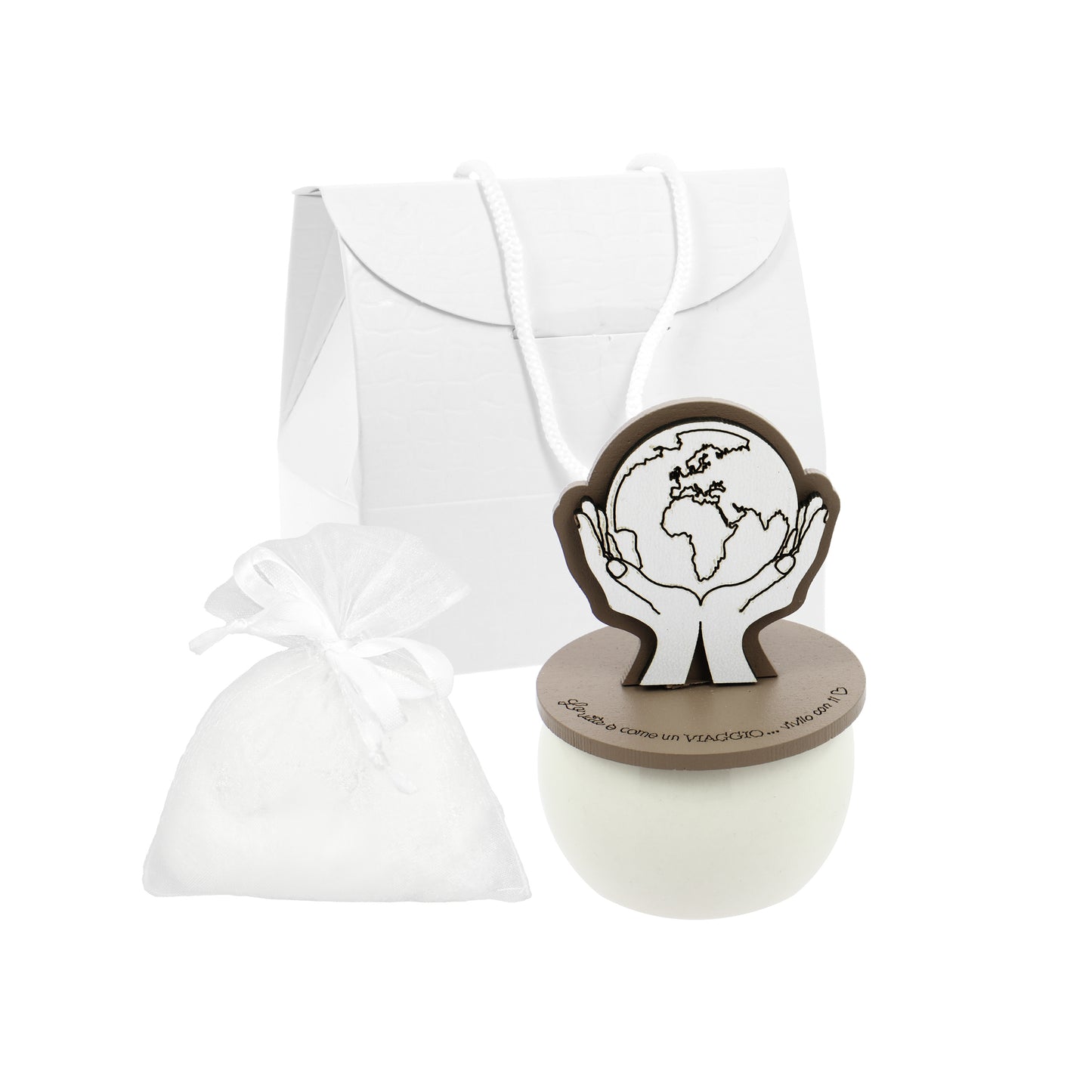 Bomboniera candelina mani mondo tortora