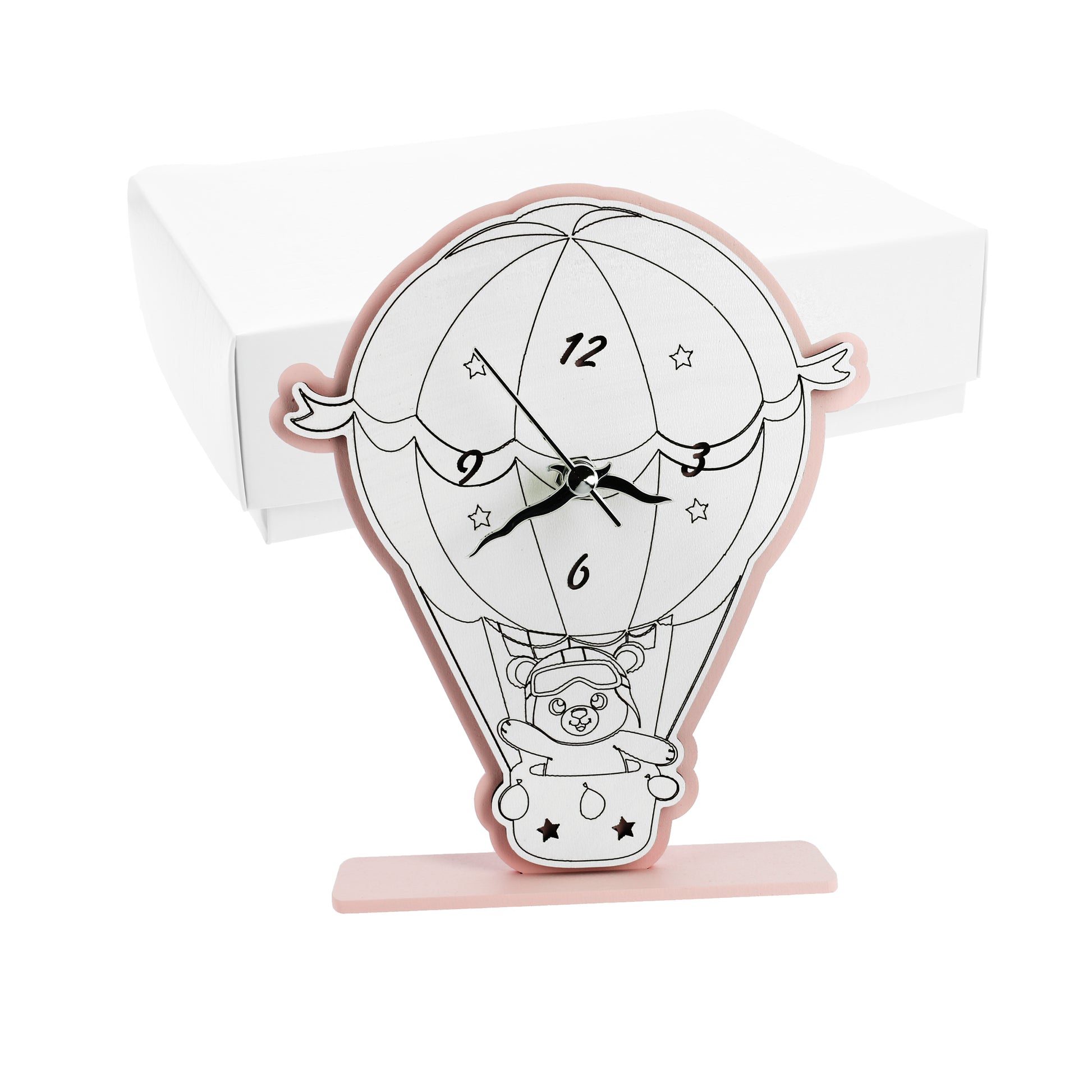 Bomboniera orologio mongolfiera con orsetto rosa