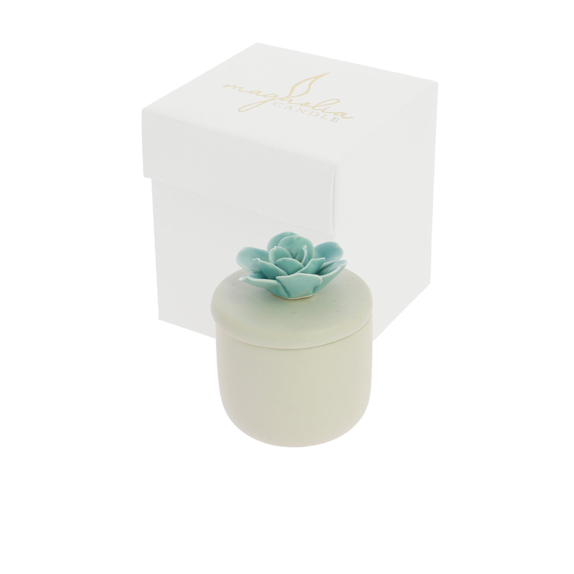 Bomboniera candela camelia acqua marina