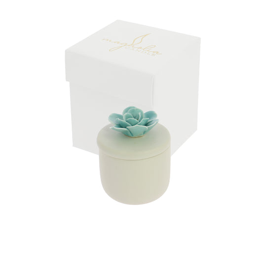 Bomboniera candela camelia acqua marina