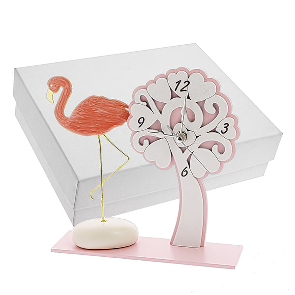 Bomboniera orologio albero rosa con flamingo